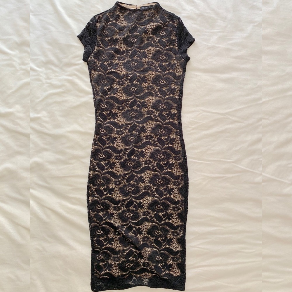 Black flower Lace high neck Cap Sleeve Midi dress